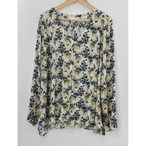 J. Jill Tops - J.Jill Plus Size Blue Yellow Floral Button Front Long Sleeve Rayon Blouse Sz 3x